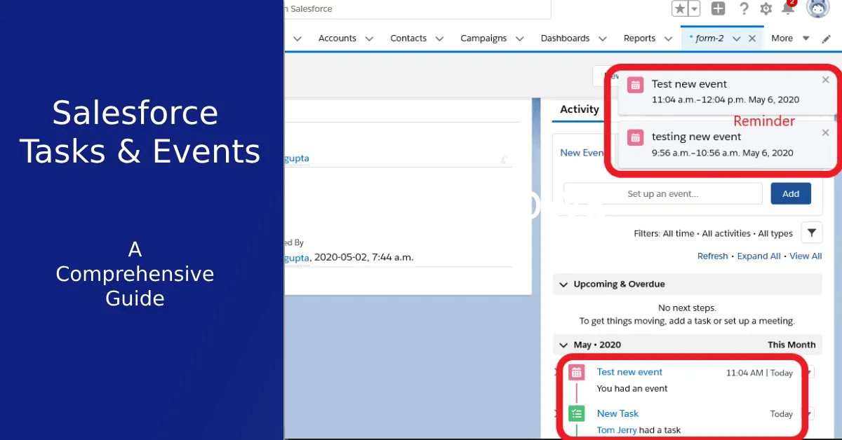 Salesforce Tasks and Events activity timeline for CRM follow up.